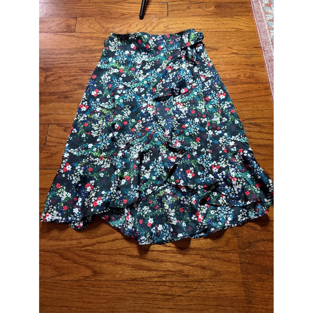 Rebecca Minkoff Floral Wrap Skirt Black Multi Ruffle High Low Midi XS